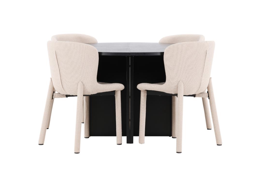 Strada spisebordssæt udtræksbord Ø120cm, 170cm og 4 stole sort, beige