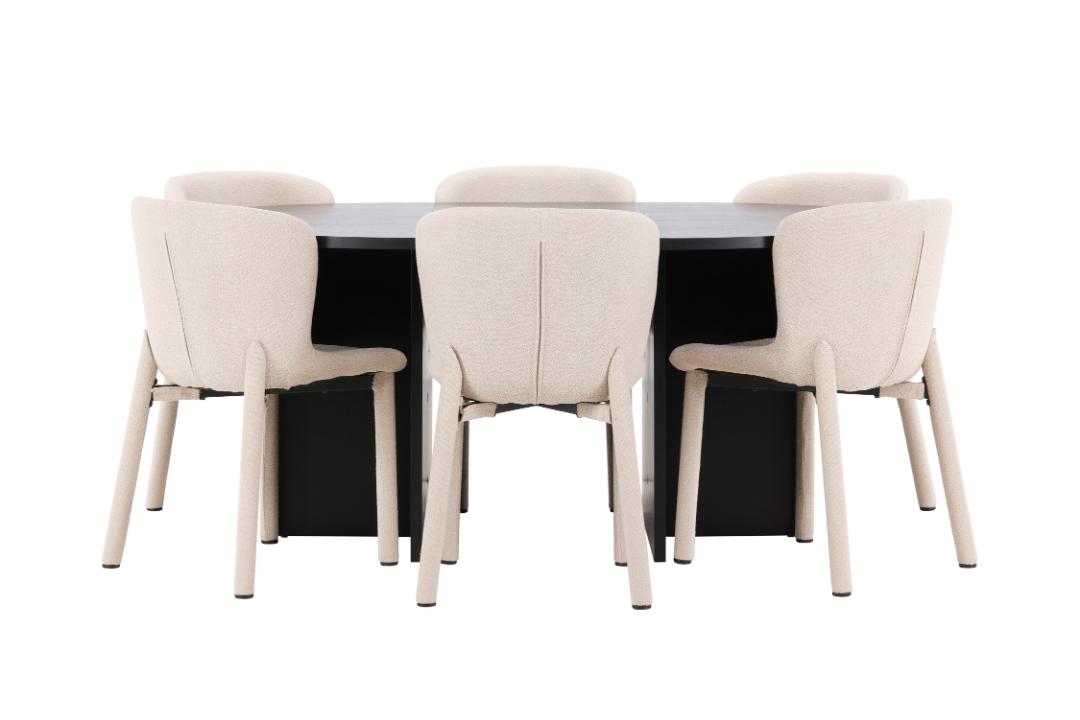 Strada spisebordssæt udtræksbord Ø120cm, 170cm og 6 stole sort, beige