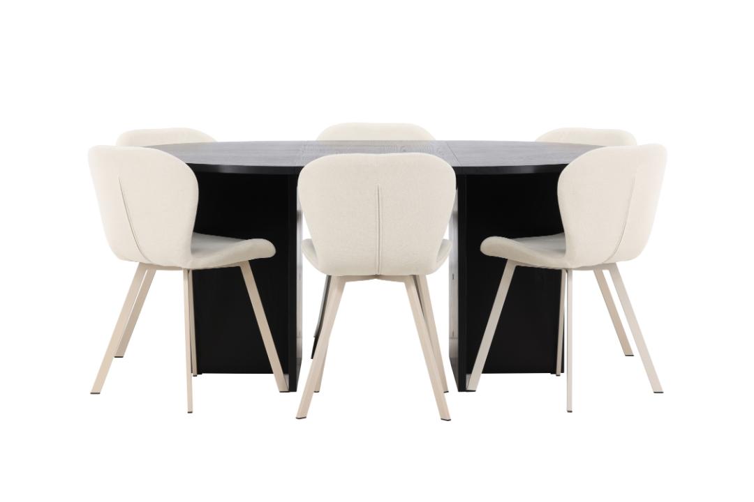 Strada spisebordssæt udtræksbord Ø120cm, 170cm og 6 stole sort, beige