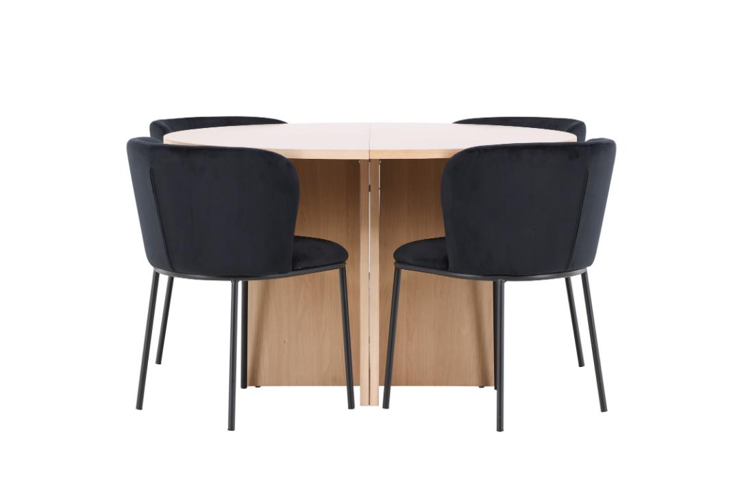 Strada spisebordssæt udtræksbord Ø120cm, 170cm og 4 stole whitewash, sort