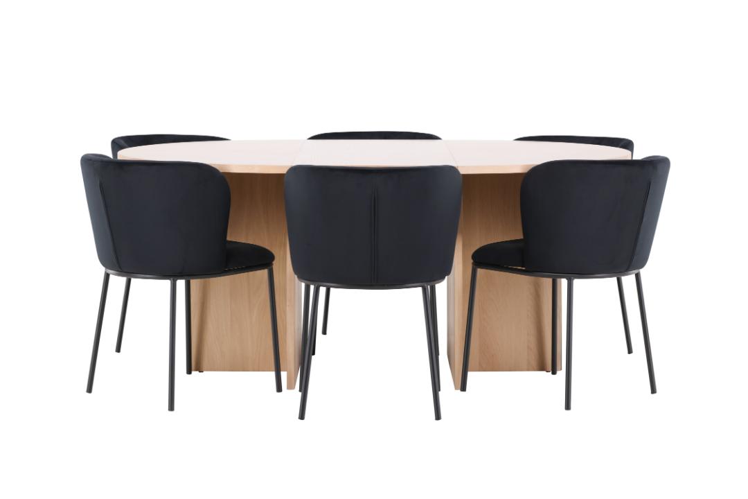 Strada spisebordssæt udtræksbord Ø120cm, 170cm og 6 stole whitewash, sort