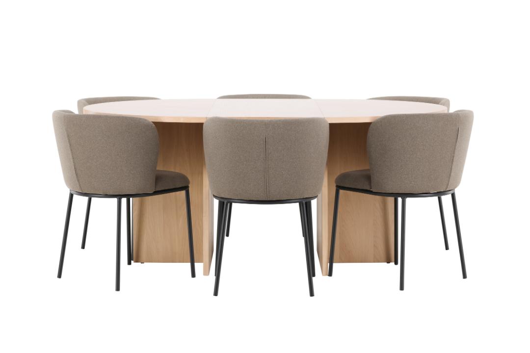 Strada spisebordssæt udtræksbord Ø120cm, 170cm og 6 stole whitewash, brun