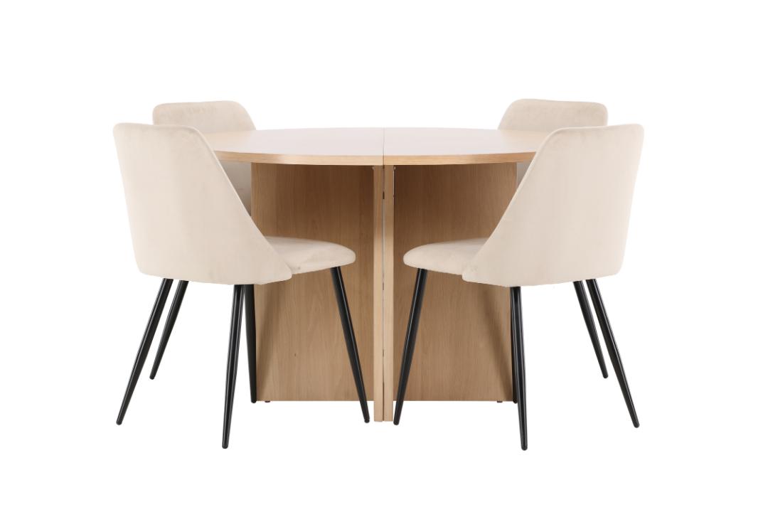 Strada spisebordssæt udtræksbord Ø120cm, 170cm og 4 stole whitewash, beige