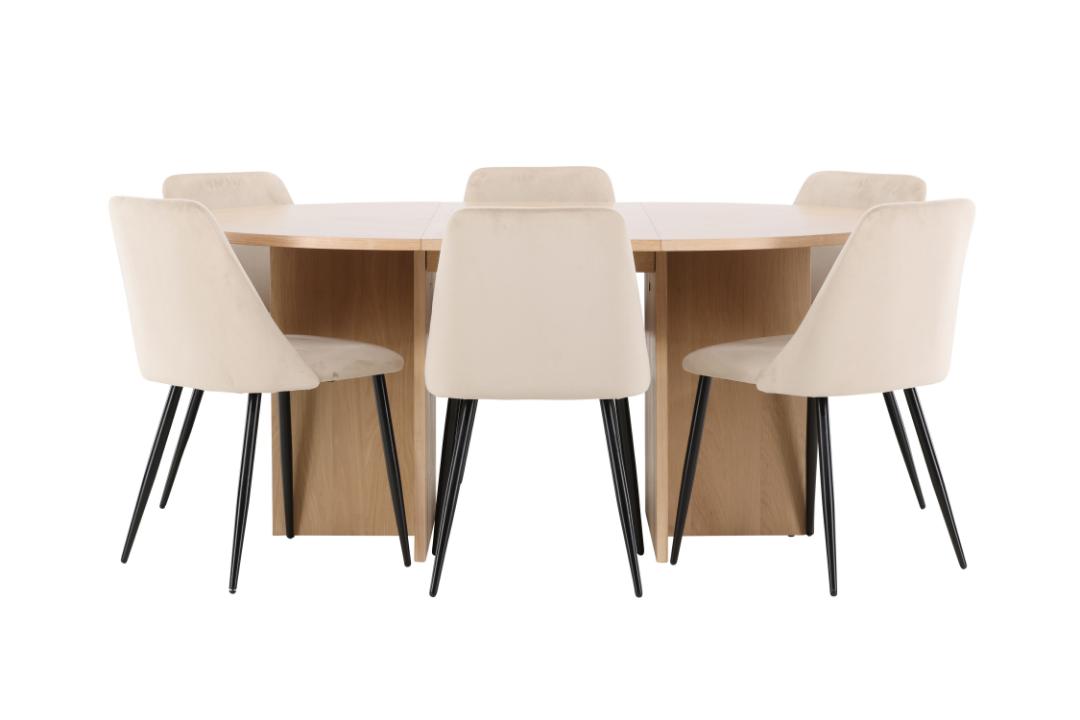 Strada spisebordssæt udtræksbord Ø120cm, 170cm og 6 stole whitewash, beige