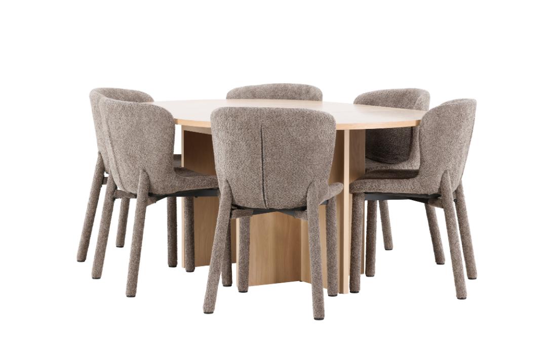 Strada spisebordssæt udtræksbord Ø120cm, 170cm og 6 stole whitewash, brun