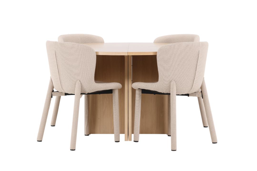 Strada spisebordssæt udtræksbord Ø120cm, 170cm og 4 stole whitewash, beige