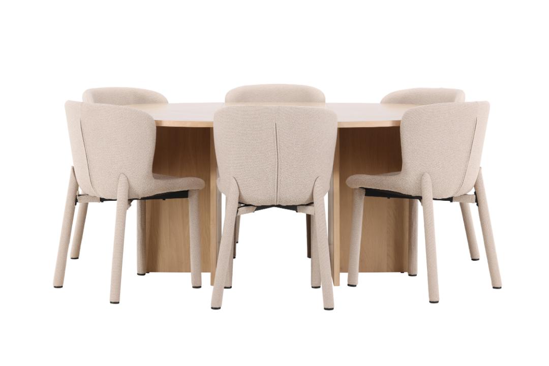 Strada spisebordssæt udtræksbord Ø120cm, 170cm og 6 stole whitewash, beige