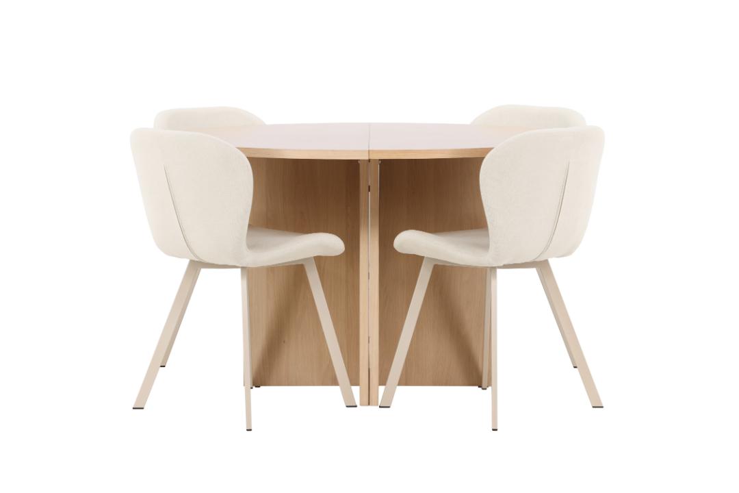 Strada spisebordssæt udtræksbord Ø120cm, 170cm og 4 stole whitewash, beige