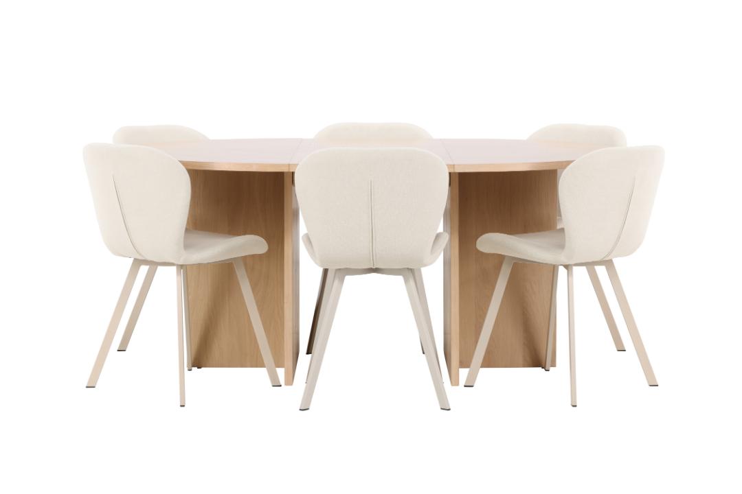 Strada spisebordssæt udtræksbord Ø120cm, 170cm og 6 stole whitewash, beige