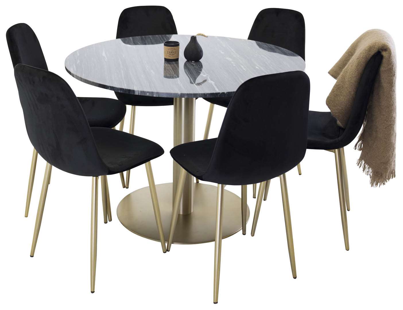 Estelle spisebordssæt spisebord sort, marmor og 6 Polar stole velour sort, messing dekor