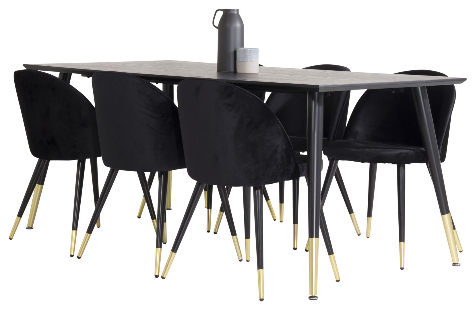 Dipp180x90BLBR spisebordssæt spisebord sort og 6 Velvet stole velour sort, sort, messing dekor
