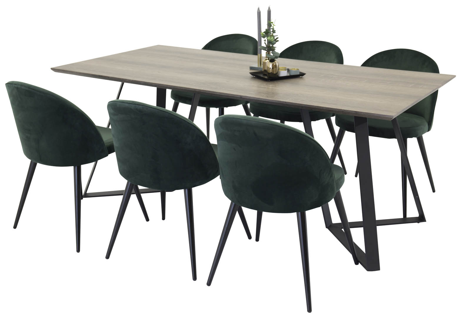 MarinaGRBL spisebordssæt spisebord elletræ dekor grå og 6 Velvet stole velour grøn, sort