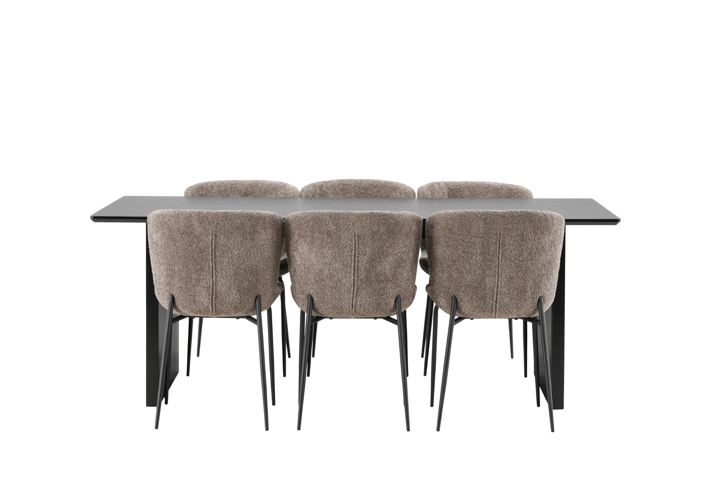 Vail spisebordssæt spisebord sort 6 stole boucle brun