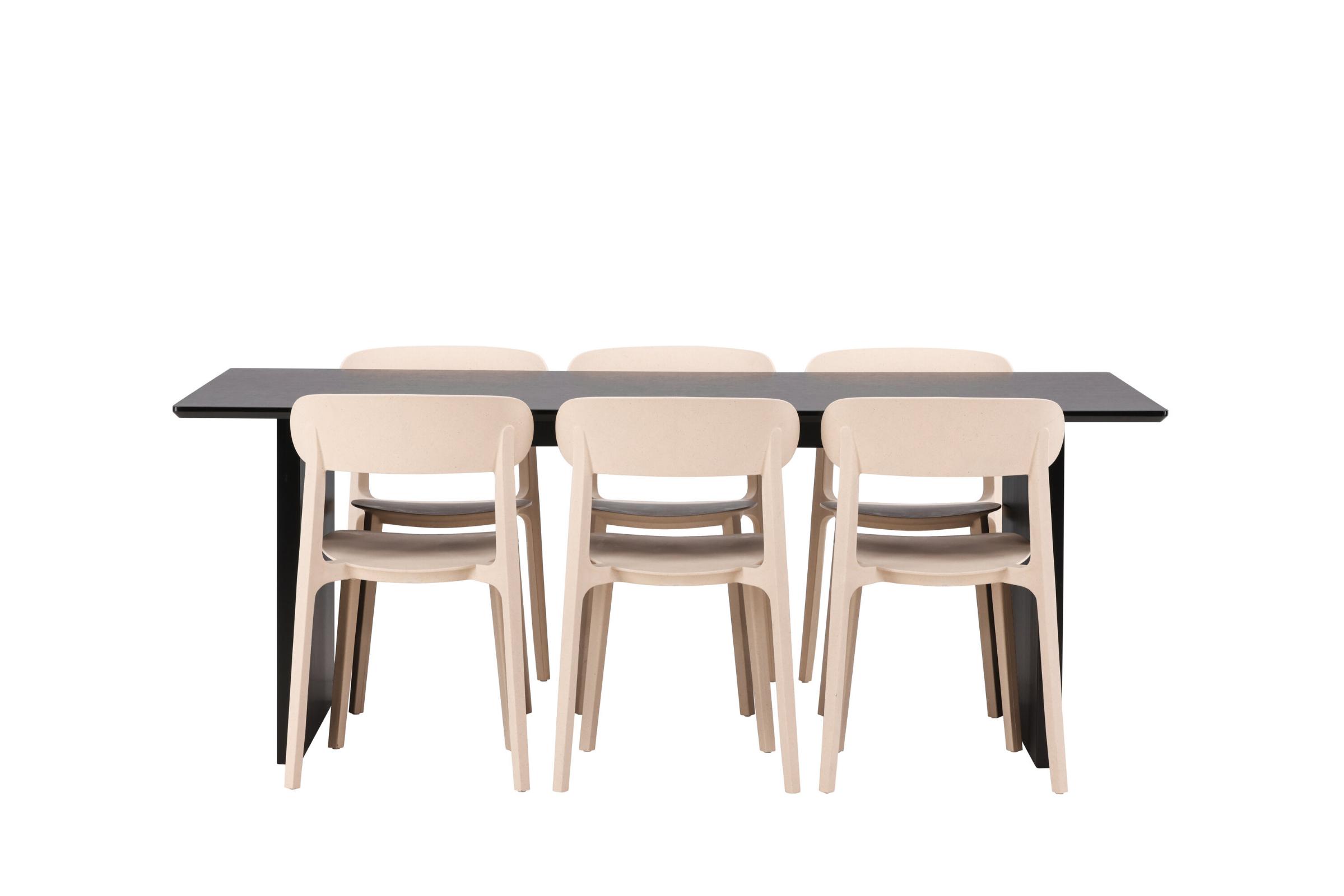 Vail spisebordssæt spisebord sort 6 stole plast beige