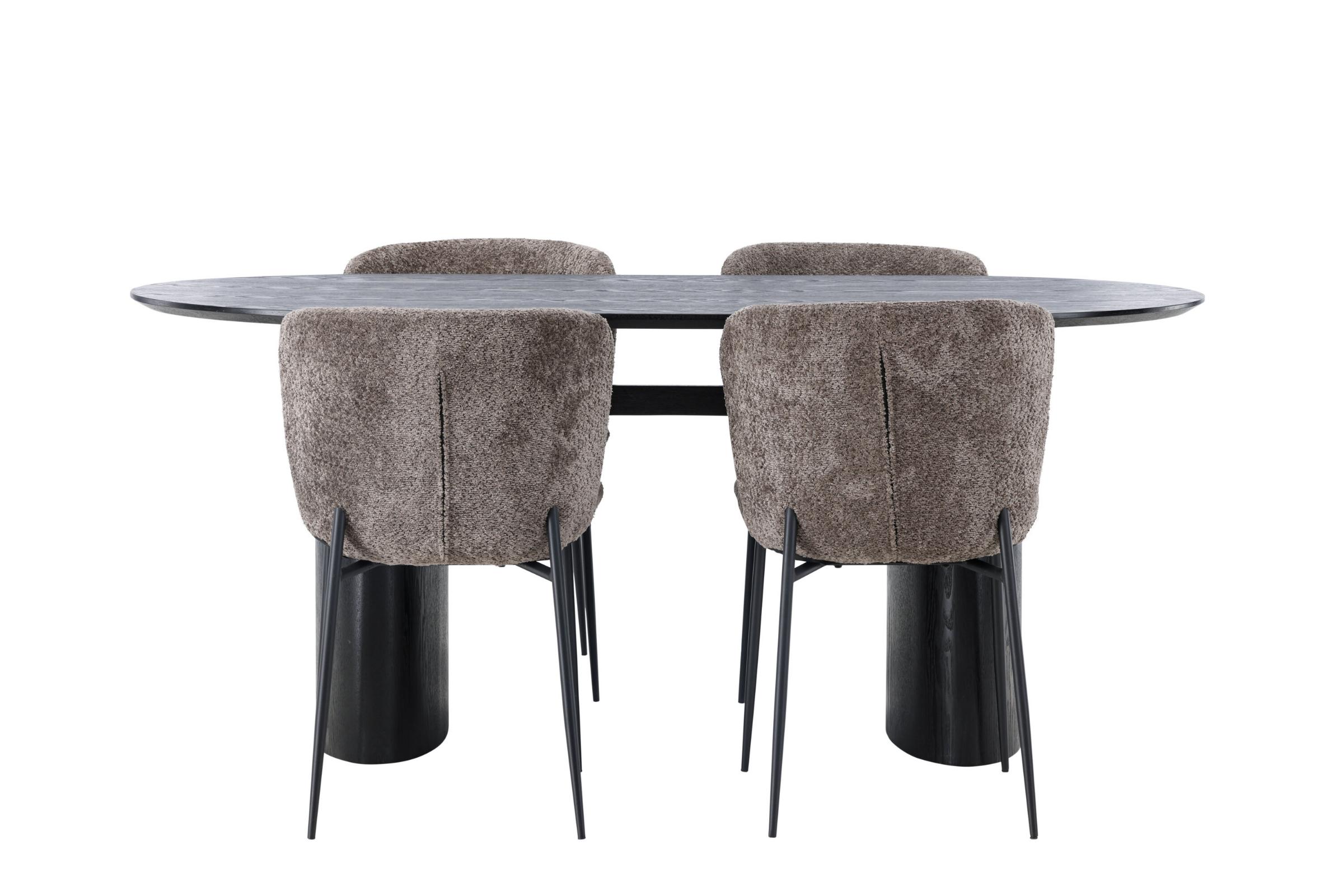 Isolde spisebordssæt spisebord sort 4 stole boucle brun