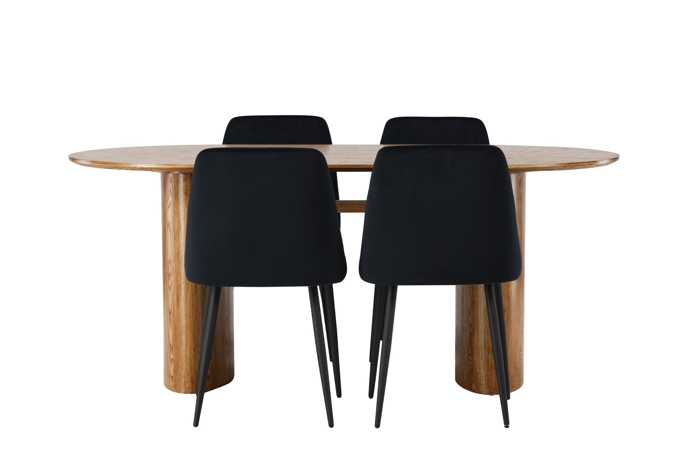 Isolde spisebordssæt spisebord natur 4 stole velour sort