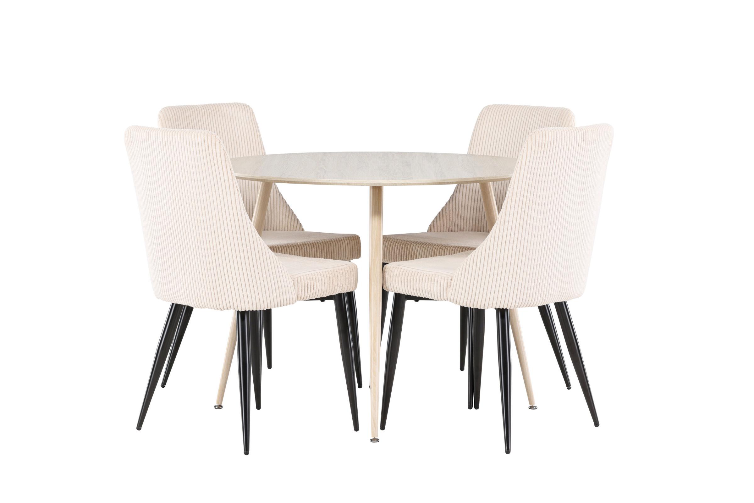 Plaza spisebordssæt spisebord whitewash 4 stole fløjl beige
