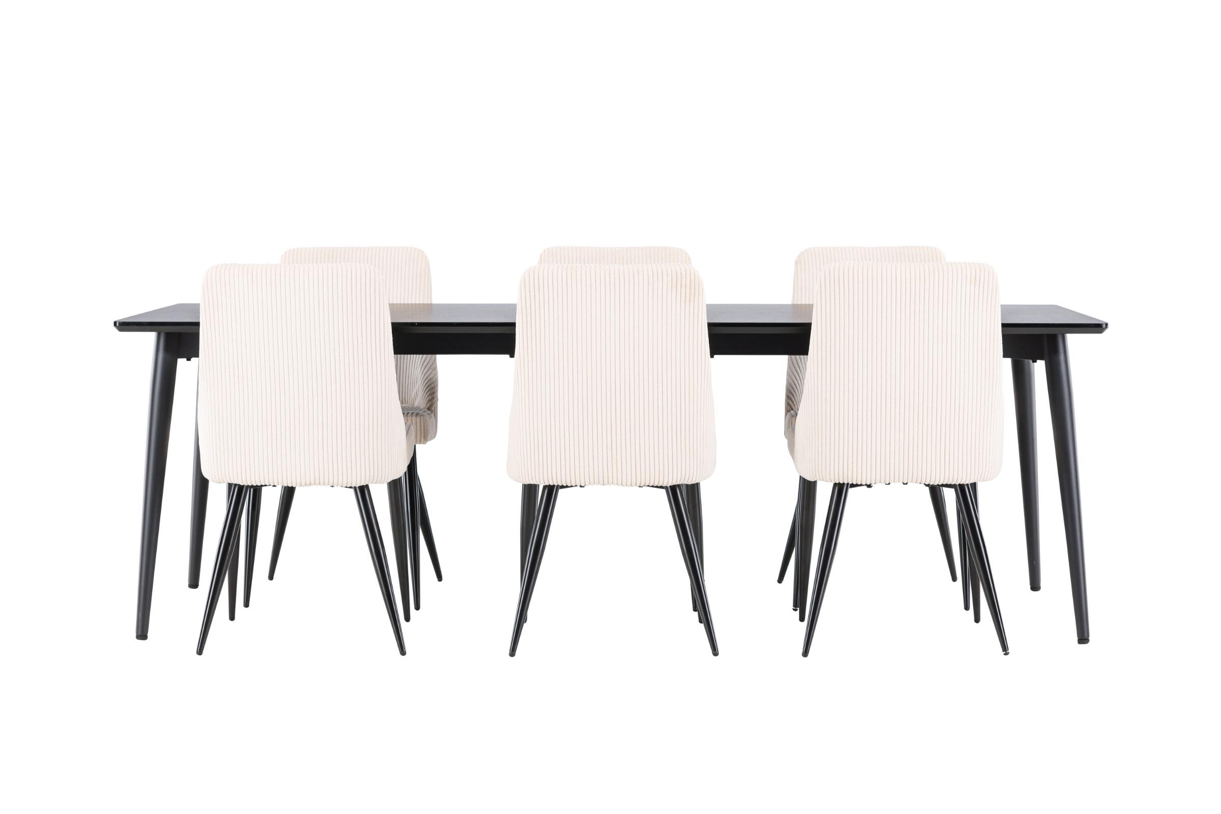 Ellis spisebordssæt spisebord sort 6 stole fløjl beige