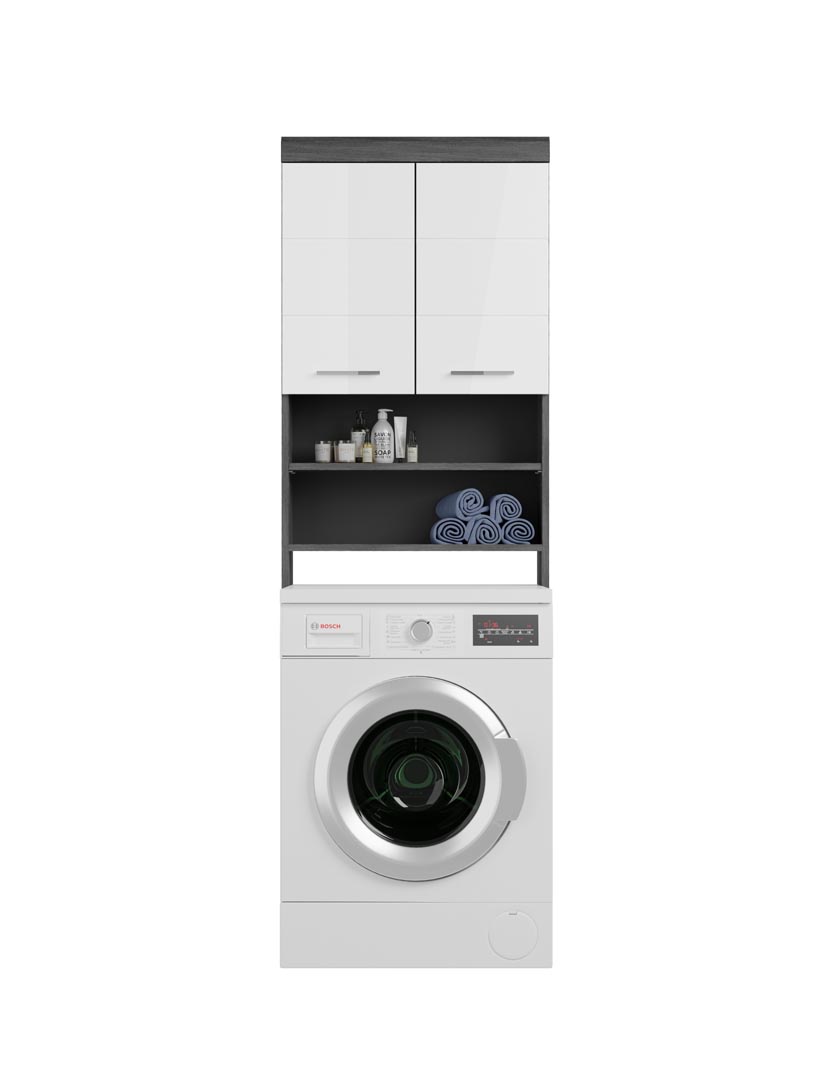 Scout badskab over vaskemaskine 2 låger, 2 hylder højglans hvid,røgfarvet