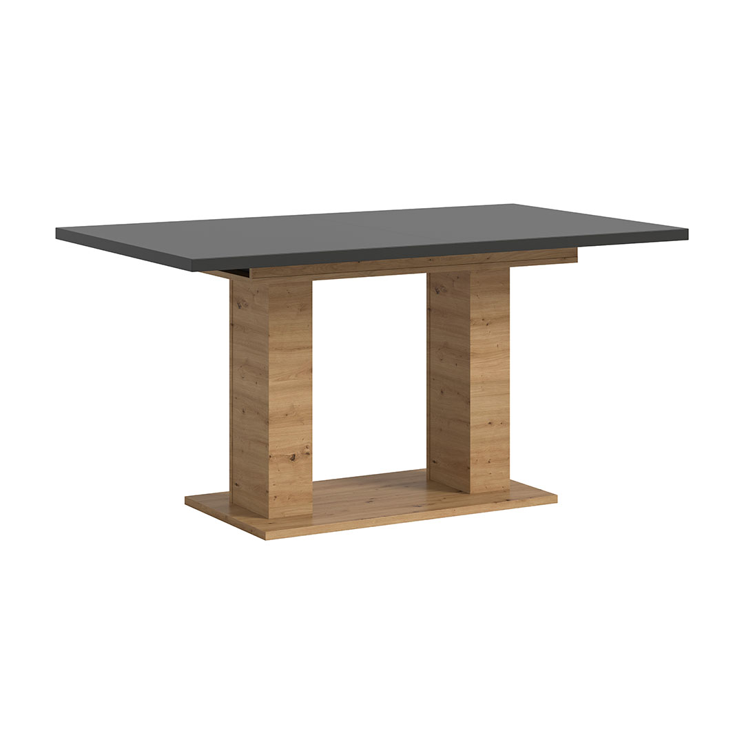 Motion spisebord dobbelsøjle-fod 90x150/190cm inkl. 1 tillægsplade grå, eg dekor