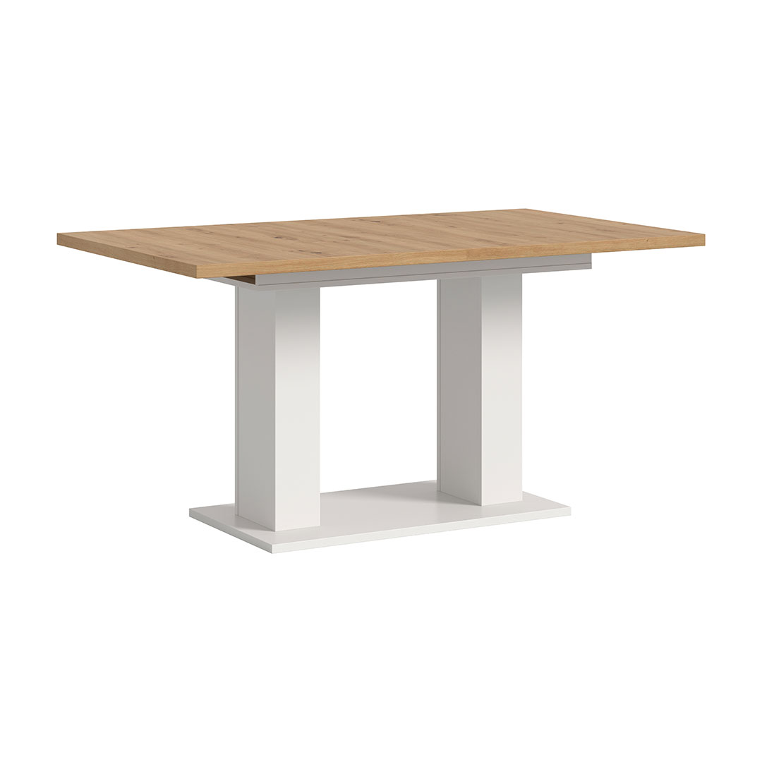 Motion spisebord dobbelsøjle-fod 90x150/190cm inkl. 1 tillægsplade eg dekor, hvid