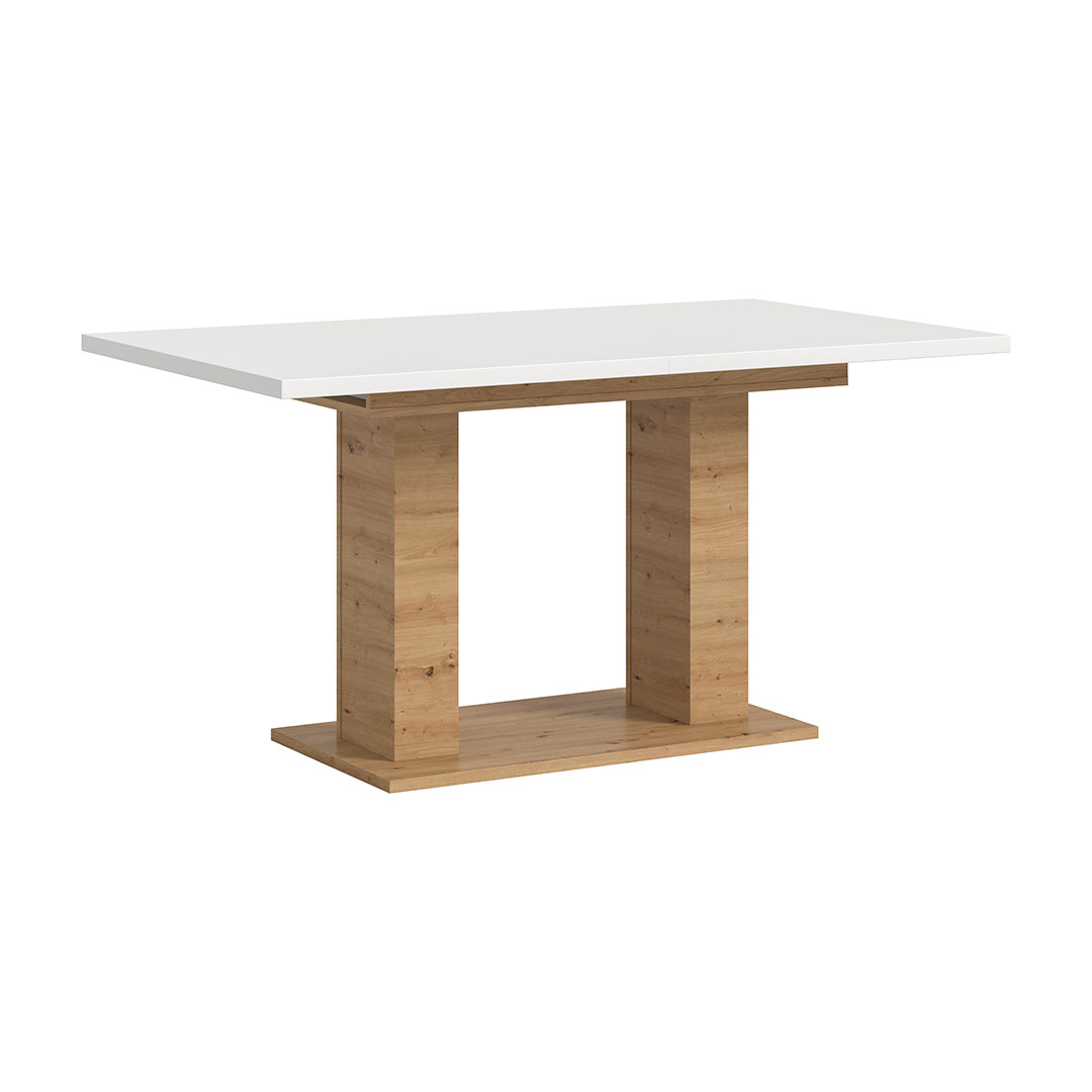 Motion spisebord dobbelsøjle-fod 90x150/190cm inkl. 1 tillægsplade hvid, eg dekor