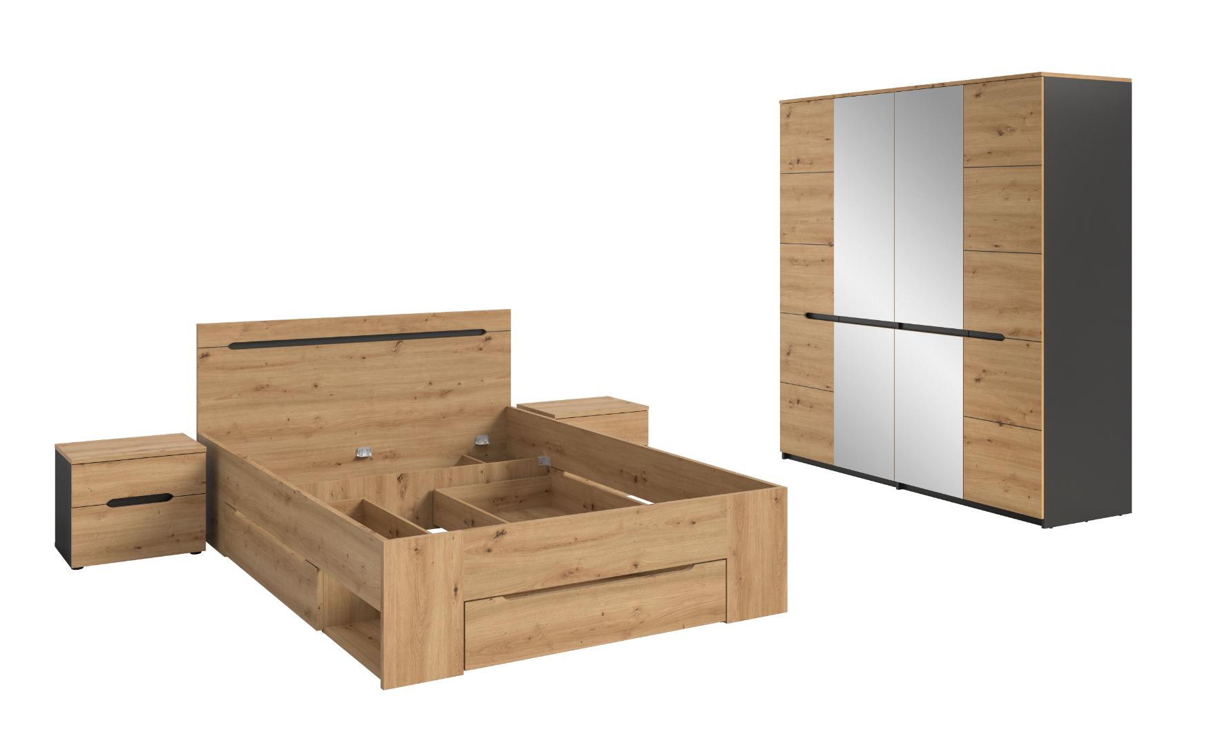 Canu soveværelse sæt seng 140x200cm med opbevaring, 2 natborde, 1 skab spejl grå, eg dekor