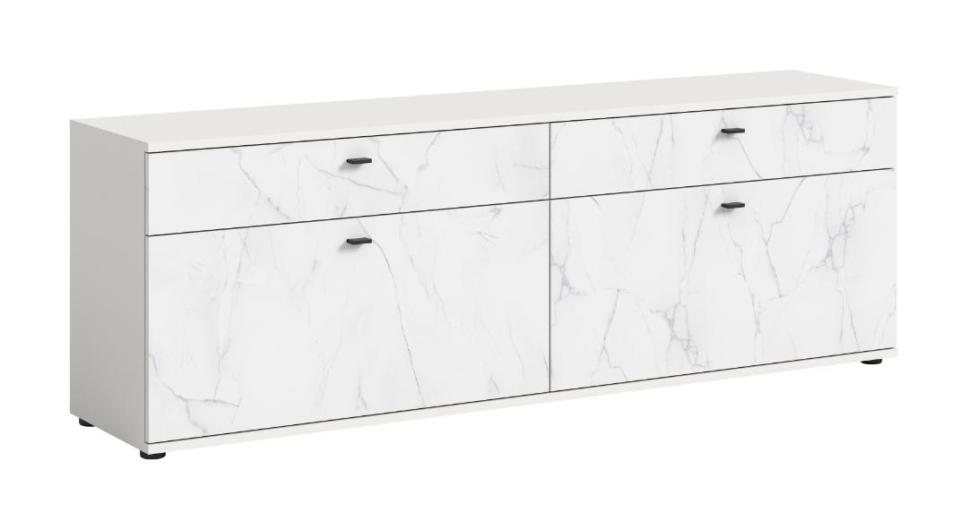 Stone TV møbel 2 klaplåger, 2 skuffer marmor dekor hvid