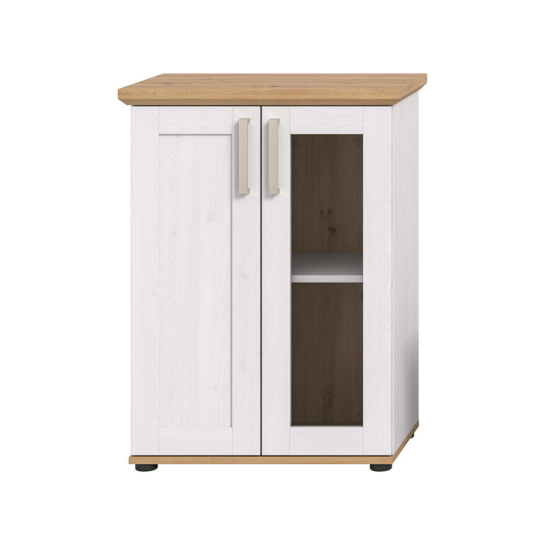 Verona vitrineskab væghængt eller gulv 1 låge 1 glaslåge hvid, eg dekor