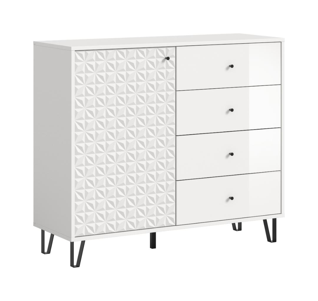 Prisma skænk 4 skuffer, 1 låge hvid, hvid højglans