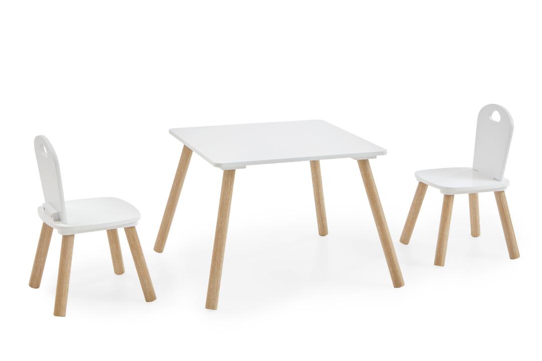 Karin børneværelsessæt 1 bord, 2 stole hvid, fyr natur