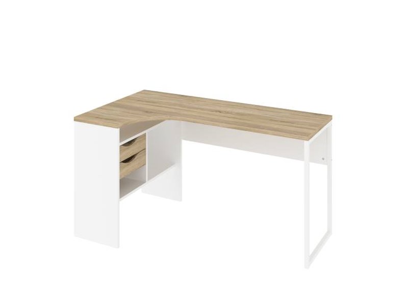 Plus hjørneskrivebord med 3 hylder og 2 skuffer. Hvid og egestruktur billede