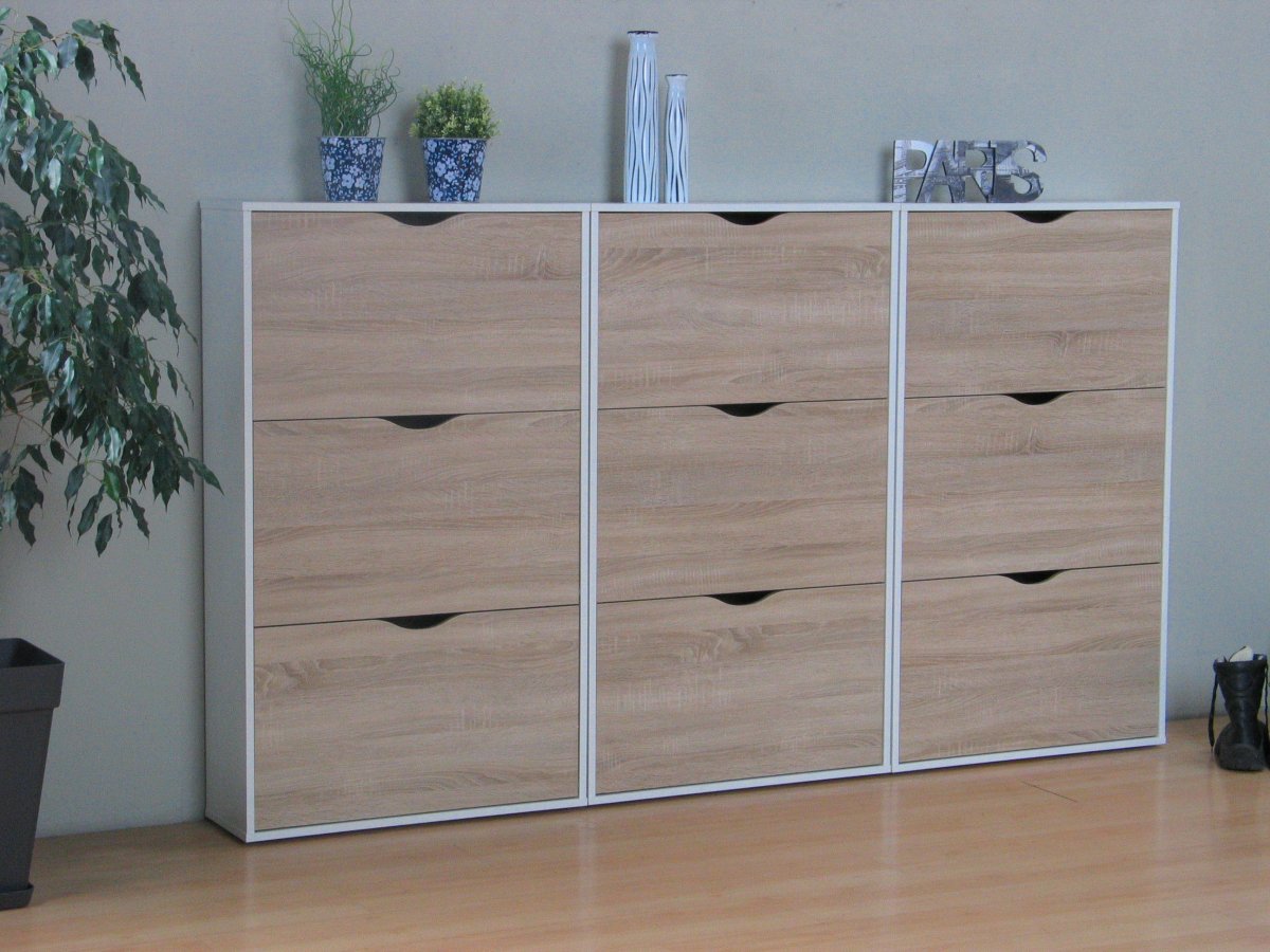 Napoli Schuhschrank mit 9 Schubladen in weiss und Eichendekor