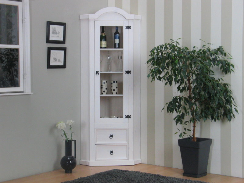 New Mexico Eckschrank mit 1 Glastür und 2 Schubladen, weiß gewachst