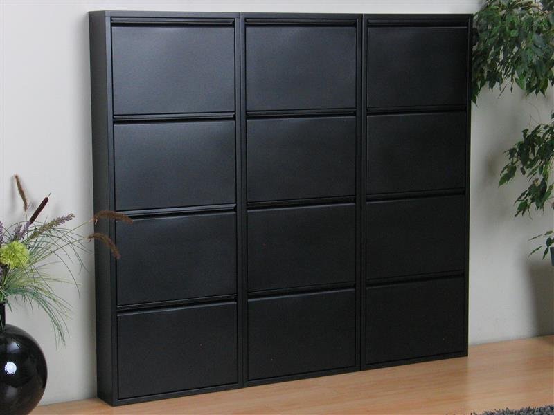 Pisa Schuhschrank mit 12 Klappen/ Türen in Metall schwarz. Fertig