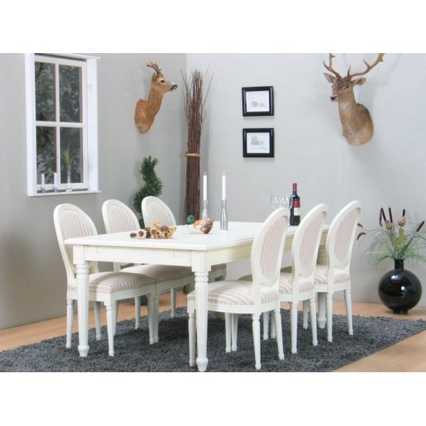 Spisegruppe amaretta bord inkl. 6 stole i antik hvid. gratis fragt Spisebordsstole antik